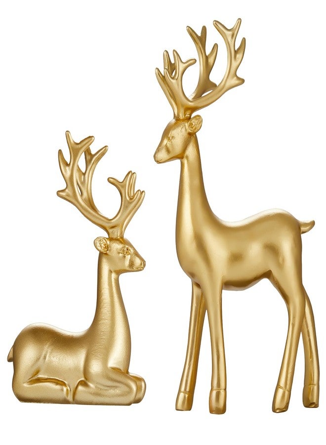 Zensounding 2PCS Carved elk Statue Resin Ornaments, Christmas Reindeer Fortune Seeking Decoration Modern Retro Art Standing and Sitting Posture, Applicable to Living Room and Bedroom (Pure Gold) - Image 1